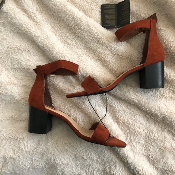 orange low block heel sandals